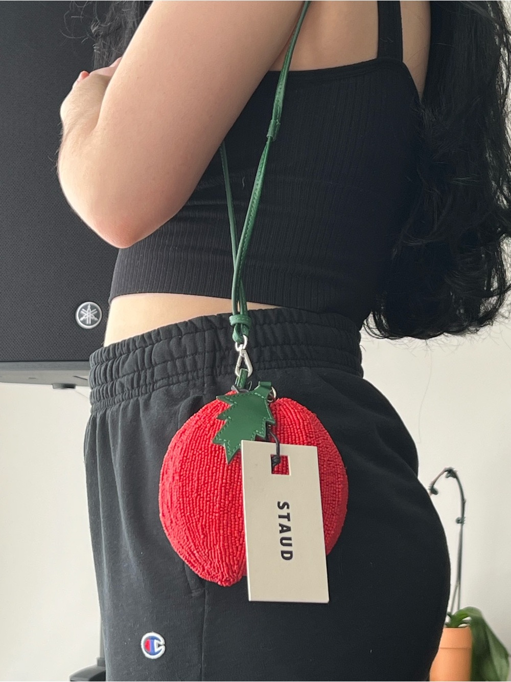 STAUD Red Beaded Campari Bag with Green Leaf Strap